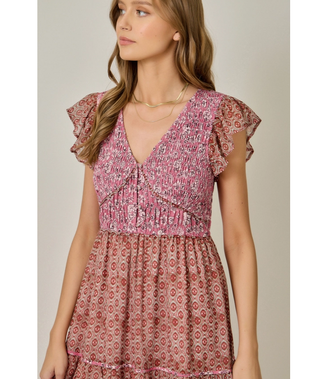 Chiffon Mixed Print Flutter Sleeve Dress Raspberry