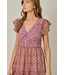 Chiffon Mixed Print Flutter Sleeve Dress Raspberry