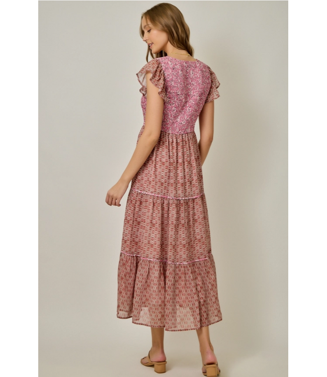 Chiffon Mixed Print Flutter Sleeve Dress Raspberry