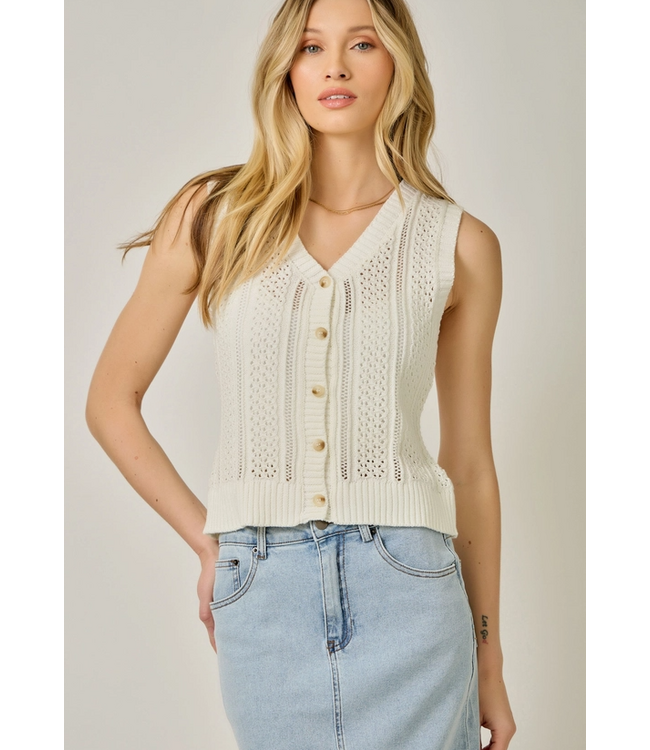 Pointelle Knitted Button Up Vest Cream