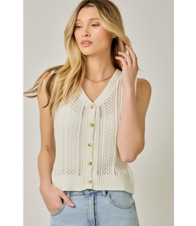 Pointelle Knitted Button Up Vest Cream
