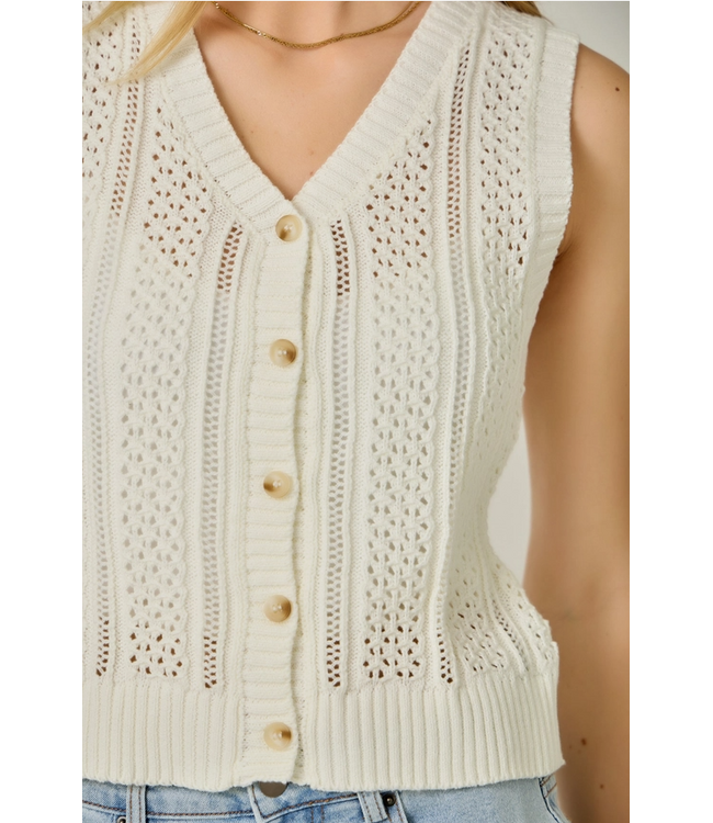 Pointelle Knitted Button Up Vest Cream