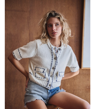 Faux Stitch Short Sleeve Cardigan Blue