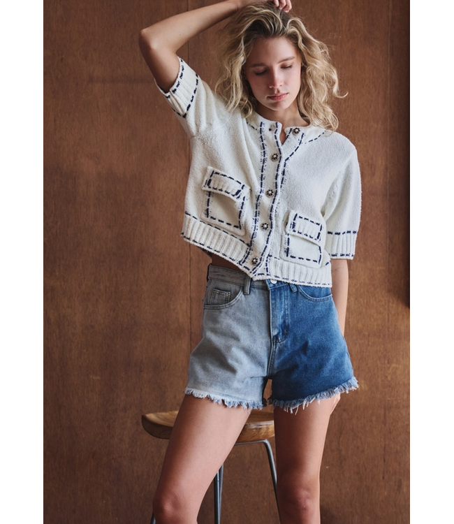 Faux Stitch Short Sleeve Cardigan Blue