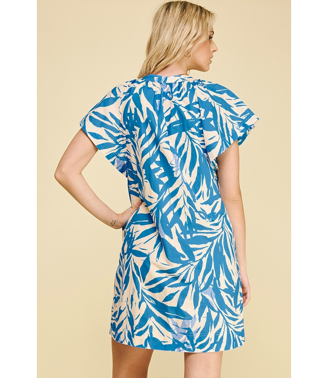 Botanical Print Tunic Mini Dress Blue