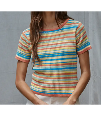 Knit Sweater Cotton Multi Color Striped Short Sleeve