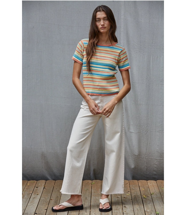 Knit Sweater Cotton Multi Color Striped Short Sleeve