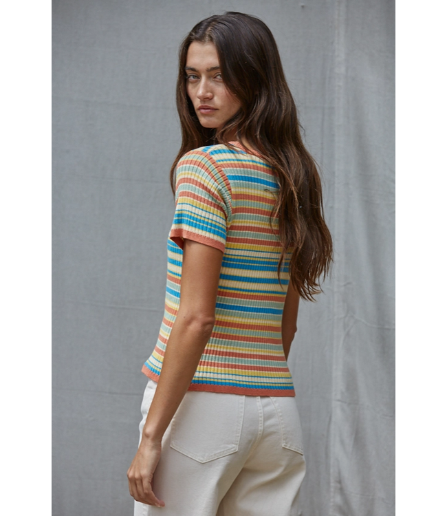 Knit Sweater Cotton Multi Color Striped Short Sleeve