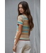 Knit Sweater Cotton Multi Color Striped Short Sleeve