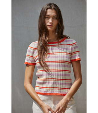 Knit Sweater Multi Color Striped Short Sleeve Ivory