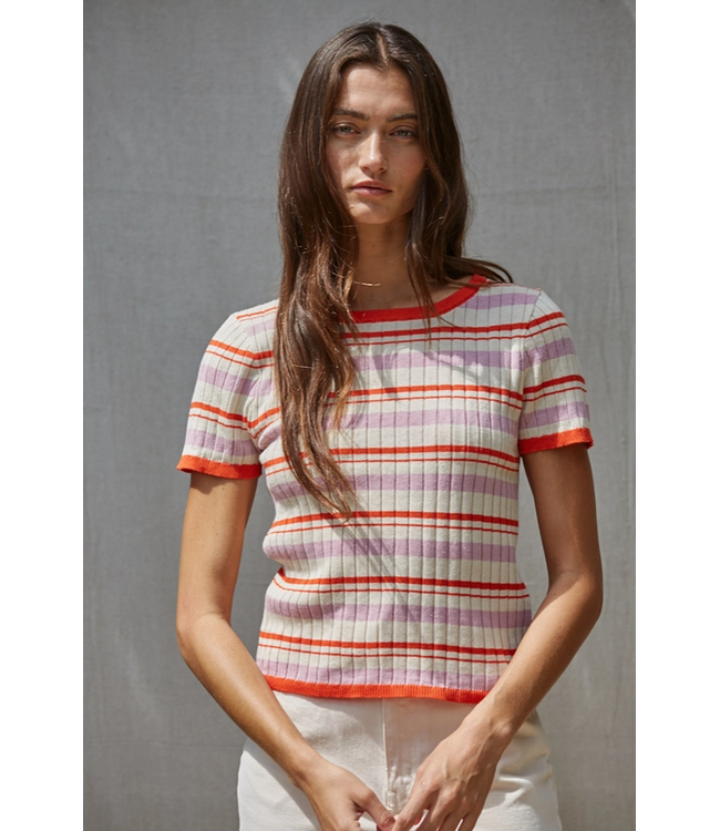 Knit Sweater Multi Color Striped Short Sleeve Ivory