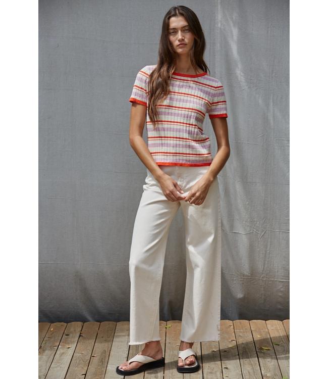 Knit Sweater Multi Color Striped Short Sleeve Ivory