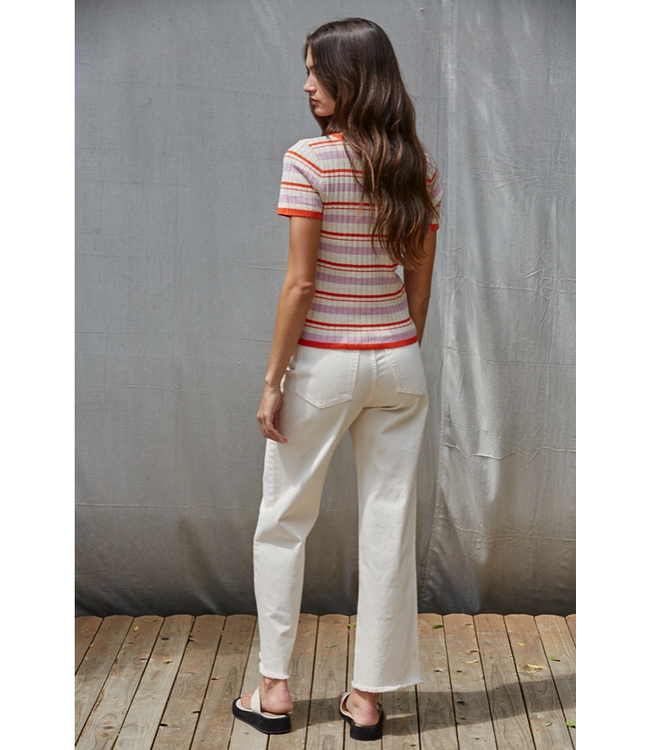 Knit Sweater Multi Color Striped Short Sleeve Ivory