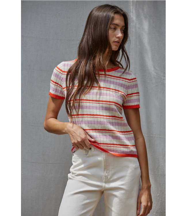 Knit Sweater Multi Color Striped Short Sleeve Ivory
