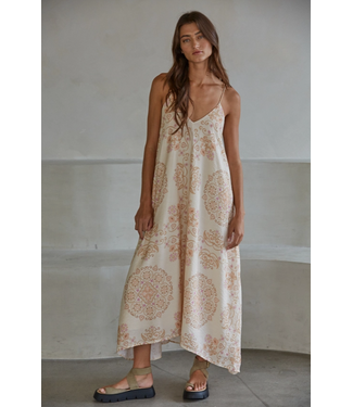 Woven Rayon Nylon Mandala Floral Print Midi Dress