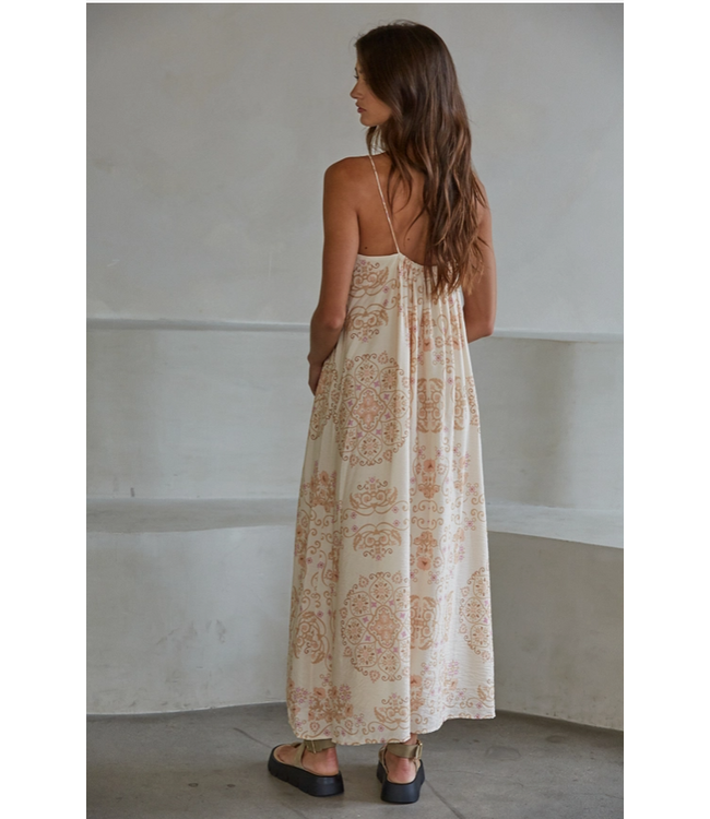 Woven Rayon Nylon Mandala Floral Print Midi Dress