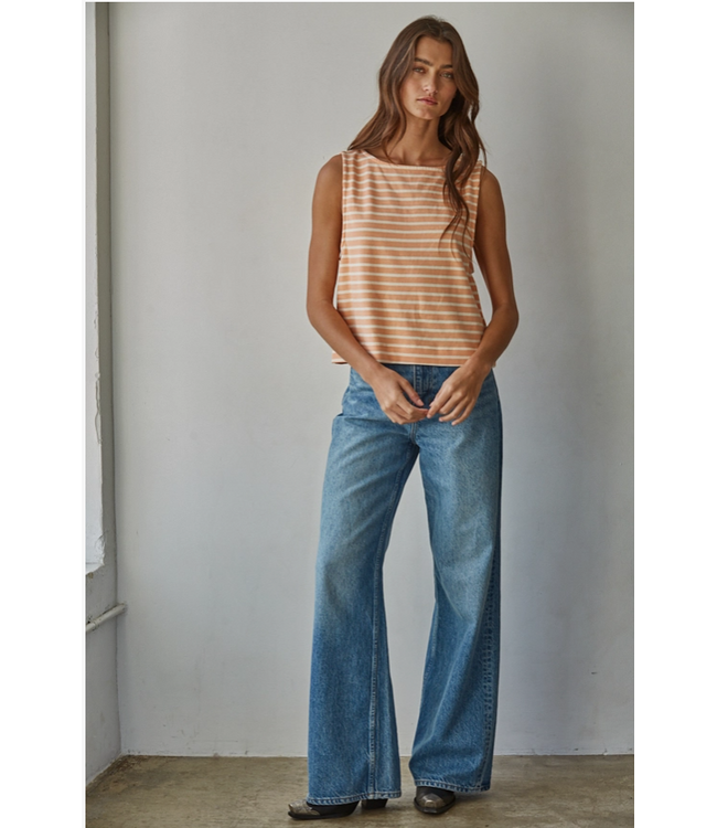 Knit Cotton Striped Round Neck Sleeveless Top Coral