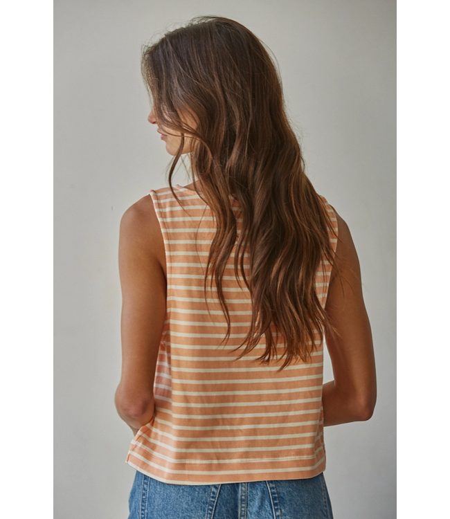 Knit Cotton Striped Round Neck Sleeveless Top Coral