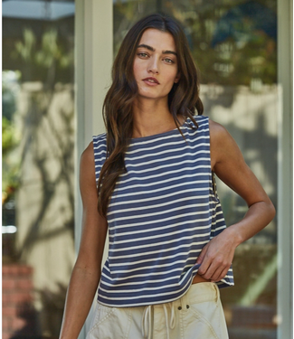 Knit Cotton Striped Round Neck Sleeveless Top Navy