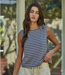 Knit Cotton Striped Round Neck Sleeveless Top Navy