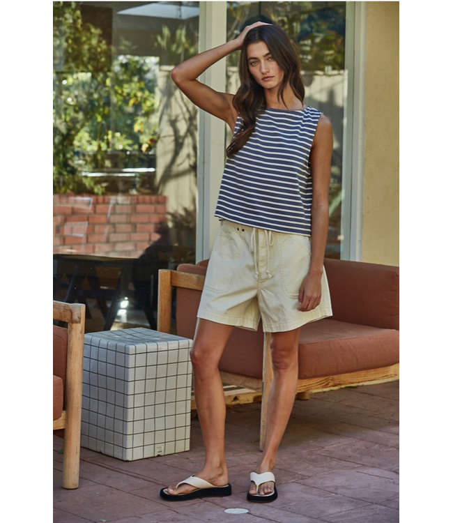 Knit Cotton Striped Round Neck Sleeveless Top Navy