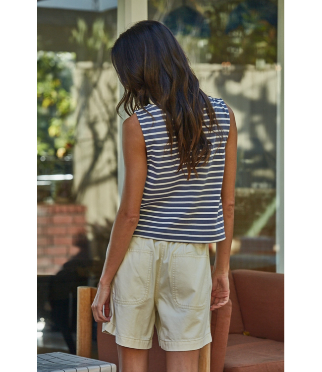 Knit Cotton Striped Round Neck Sleeveless Top Navy