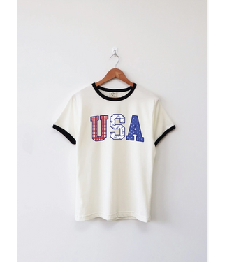 USA with Pattern Ringer Graphic Top Black
