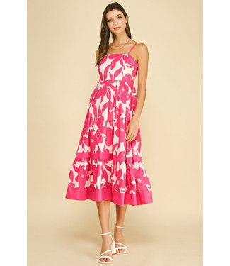 Bold Floral Tiered Midi Dress Hot Pink