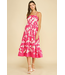 Bold Floral Tiered Midi Dress Hot Pink