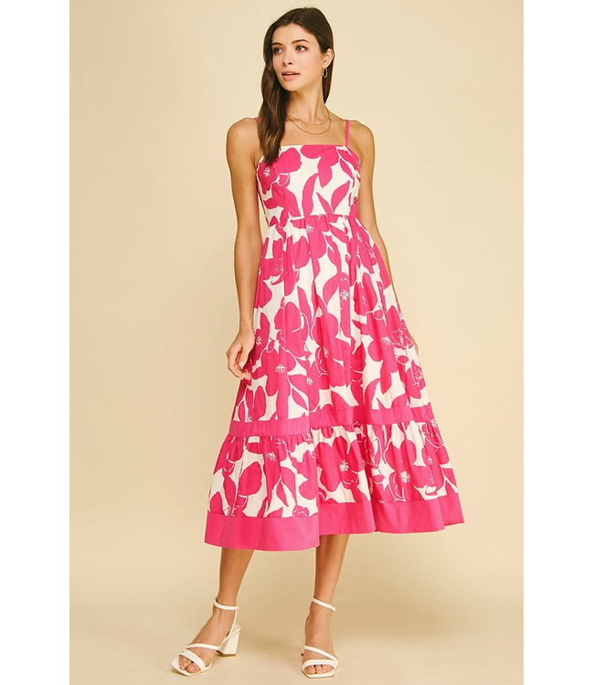 Bold Floral Tiered Midi Dress Hot Pink