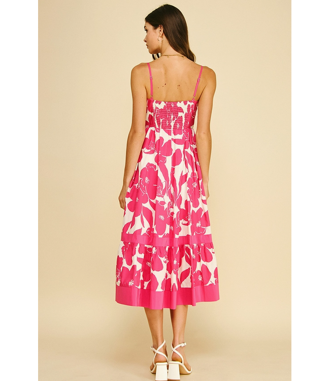 Bold Floral Tiered Midi Dress Hot Pink