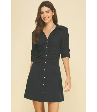 Ruched Front Button Down Mini Dress Navy