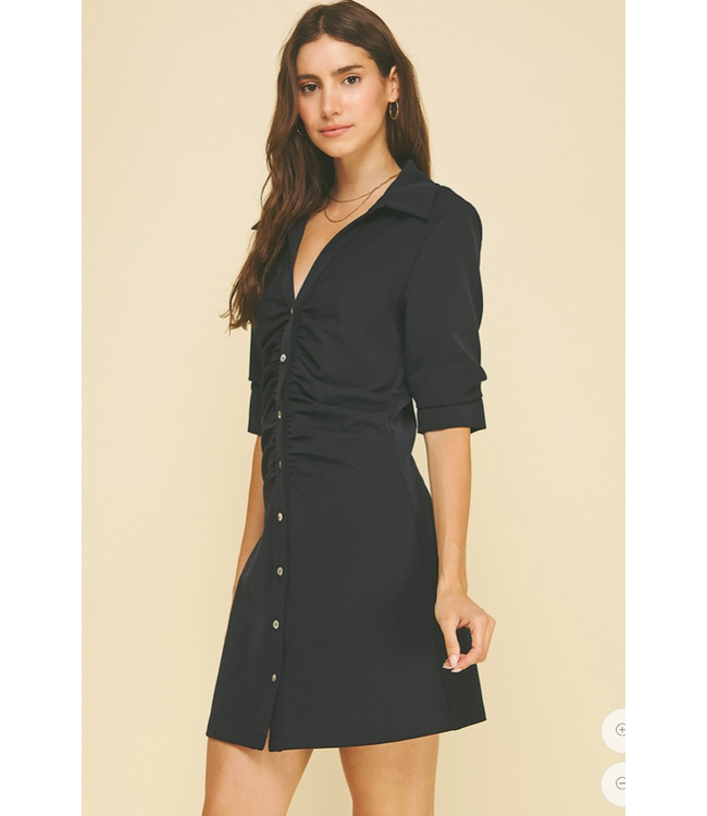 Ruched Front Button Down Mini Dress Navy