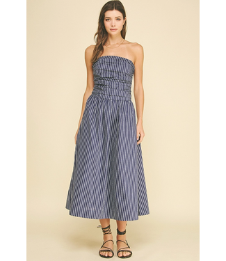 Striped Smocked Tube Midi Dress Navy