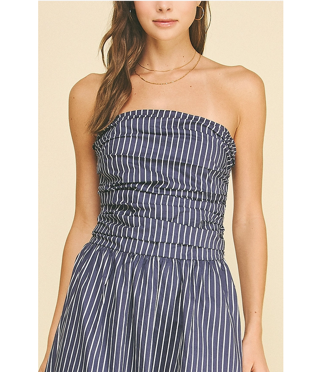 Striped Smocked Tube Midi Dress Navy