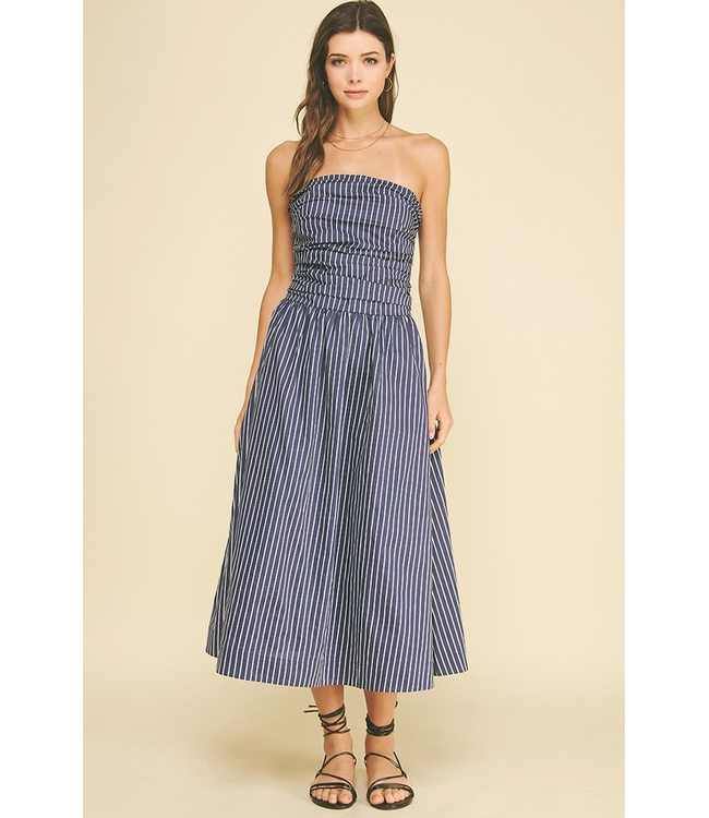 Striped Smocked Tube Midi Dress Navy