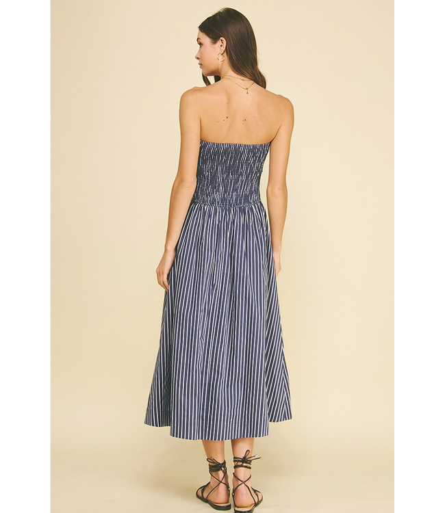 Striped Smocked Tube Midi Dress Navy