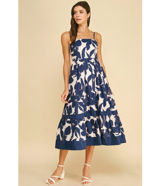 Bold Floral Tiered Midi Dress Navy