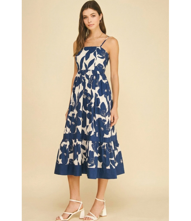 Bold Floral Tiered Midi Dress Navy