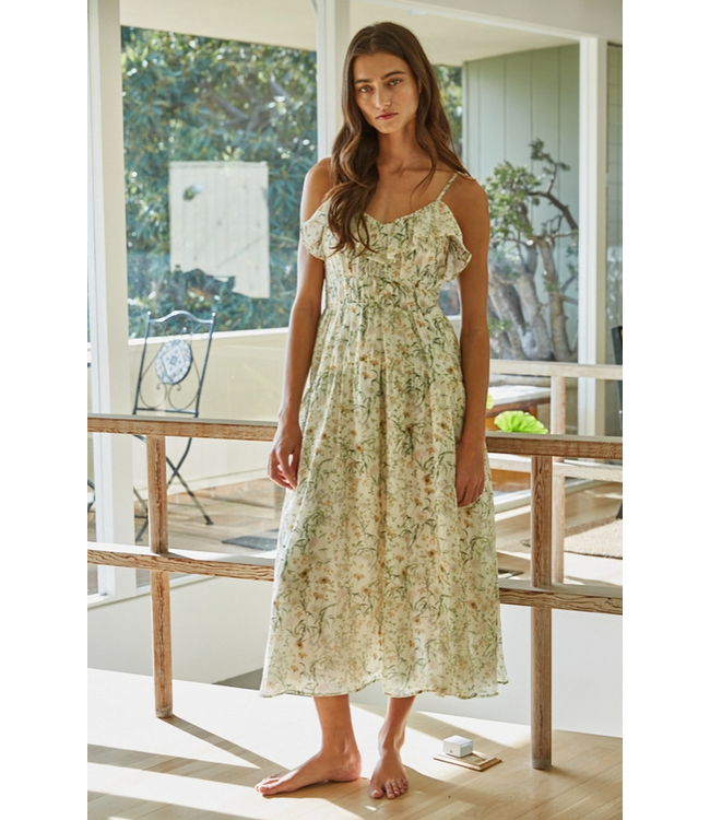 Woven Tencel Nylon Floral Print Midi Dress