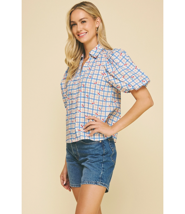 Checker with Cherry Print Blouse Top