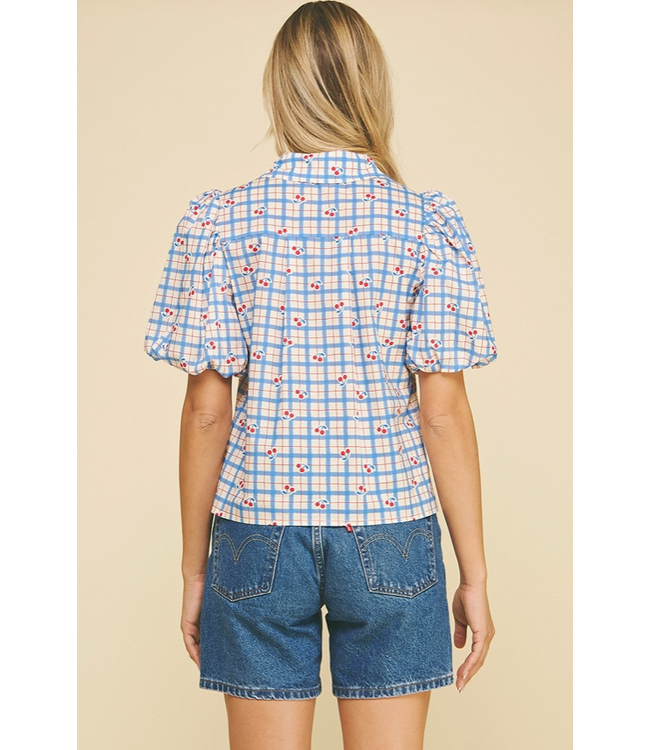 Checker with Cherry Print Blouse Top
