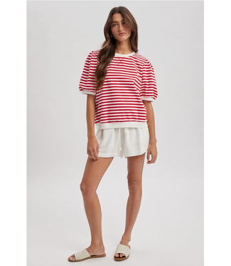 Contrast Striped Puff Sleeve Knit Top Cherry