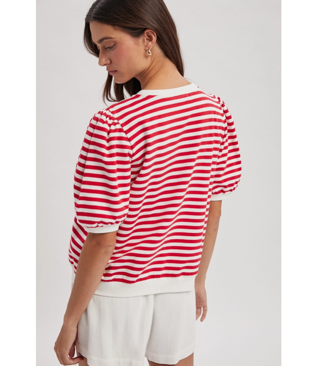 Contrast Striped Puff Sleeve Knit Top Cherry