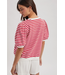 Contrast Striped Puff Sleeve Knit Top Cherry