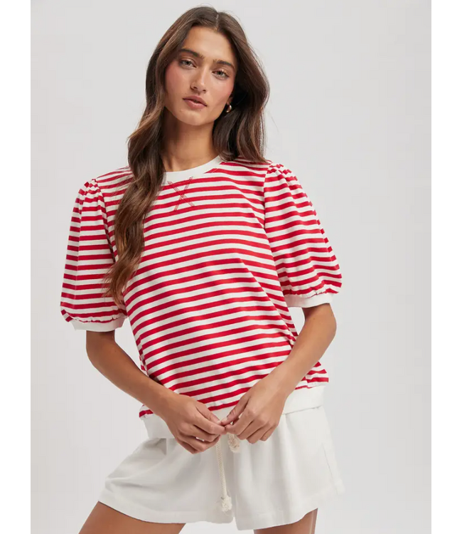 Contrast Striped Puff Sleeve Knit Top Cherry