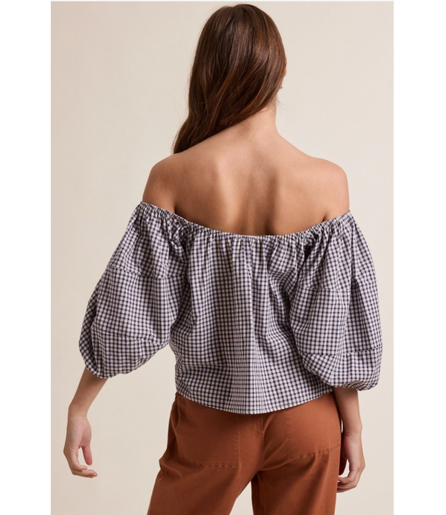 Off the Shoulder Gingham Blouse Navy