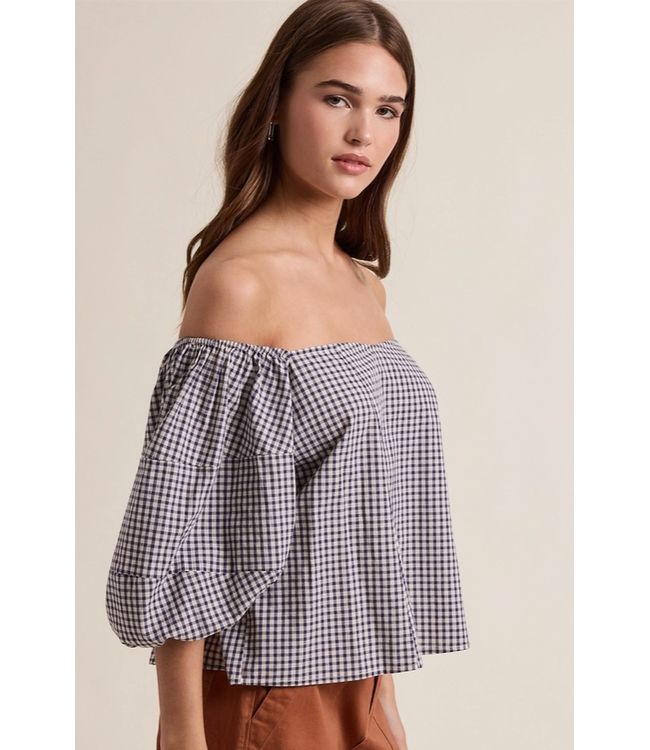 Off the Shoulder Gingham Blouse Navy