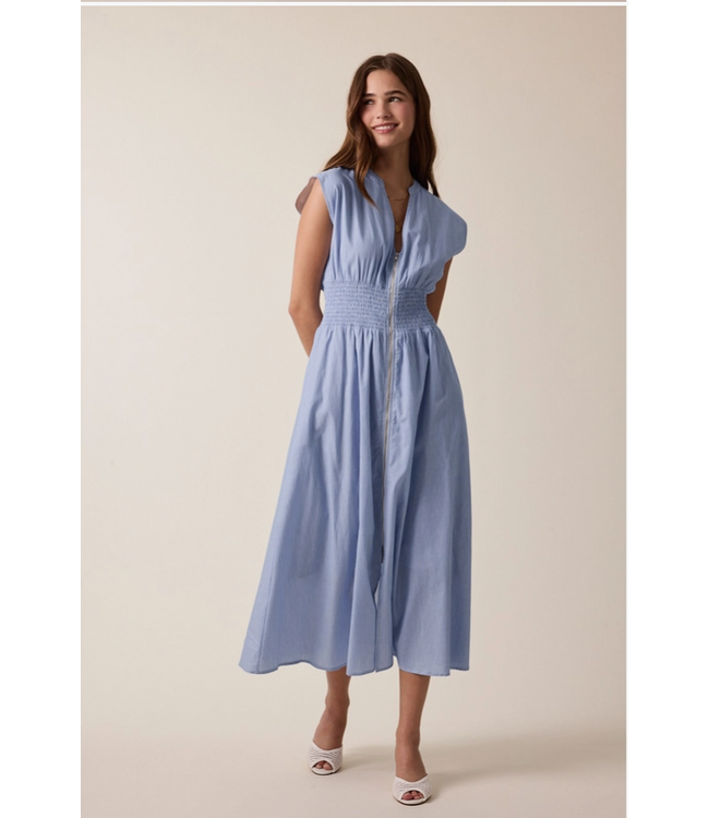 Striped Front Zip Midi Dress Blue