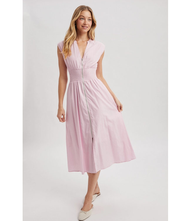 Striped Front Zip Midi Dress Pink